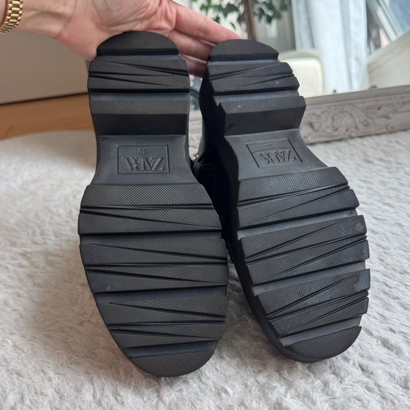 New Zara Moto Boots Black Leather Pearl Metal 38 Combat Biker 7160/001 - Picture 5 of 11